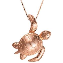 Sterling Silver 14K Rose-Gold Plated Waving Turtle Necklace Pendant with 18'' Box Chain