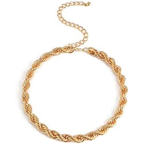Fashion Cuban Chunky Link Chain Choker Necklace Punk Rhinestone Bling Gold Oval Handmade O-Shaped Twist Hollow Collar Necklace for Women Girls Party Birthday Nightclub Gifts Jewelry