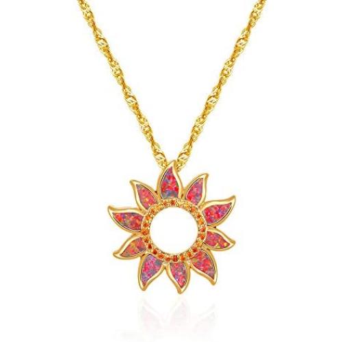 CiNily Created Orange Fire Opal Orange Garnet Rhodium Plated Women Jewelry Gemstone Pendant Necklace 1 1/4''