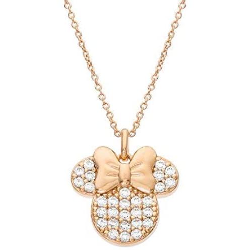 Disney Minnie Mouse Jewelry for Women, Pink Gold Plated Sterling Silver Cubic Zirconia Necklace, 18'' Chain