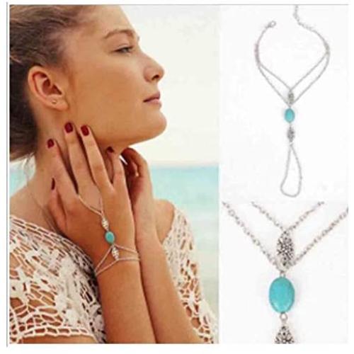 Olbye Turquoise Finger Ring Bracelet Dainty Silver Flower Harness Bangle Chain Everyday Bracelet Jewelry Gift for Women and Girls