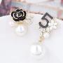 Faux Imitation Pearl White Black Floral Dangle Drop Earrings Studs