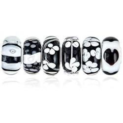 Mixed Set Of Bundle .925 Sterling Silver Core Translucent Shades Of White Black Floral Murano Glass Swirl Charm Bead Spacer Fits European Bracelet For Women Teen