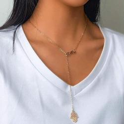 Avanlin Vintage Hamsa Infinity Necklace Gold Hand of Fatima Pendant Necklaces Y Drop Lariat Chain Jewelry for Women and Girls