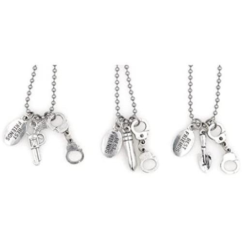 Its All About...You! 3 Necklace Set: 21.6” 2.4mm Stainless Steel Ball Chain Partners in Crime Handcuffs Gun Bullet Shovel 33E