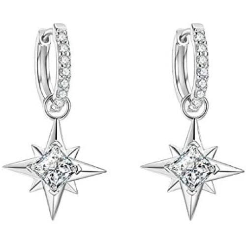 FANCIME Sterling Silver Star Burst Dangle Drop Small Hoop Earrings CZ Cubic Zirconia Simulated Diamond Delicate North Star Earrings Jewelry Gift for Women Teen Girls Mom, Height 1 INCH