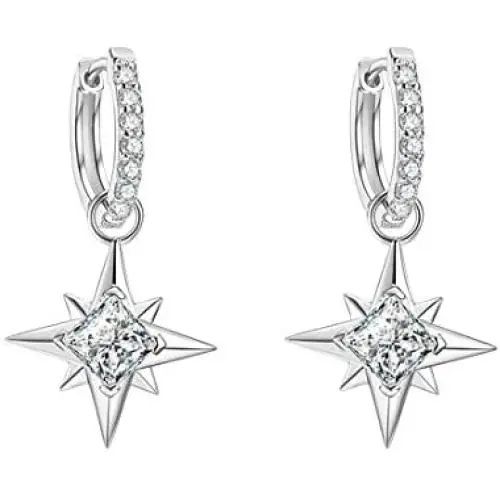 FANCIME Sterling Silver Star Burst Dangle Drop Small Hoop Earrings CZ Cubic Zirconia Simulated Diamond Delicate North Star Earrings Jewelry Gift for Women Teen Girls Mom, Height 1 INCH FANCIME Sterling Silver Star Burst Dangle Drop Small Hoop Earrings CZ Cubic Zirconia Simulated Diamond Delicate North Star Earrings Jewelry Gift for Women Teen Girls Mom, Height 1 INCH