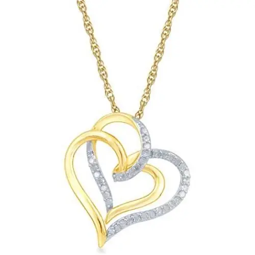 Jewelili 10k yellow gold 1/10 cttw Natural white Round diamond Heart shape Pendant necklace, 18'' rope chain