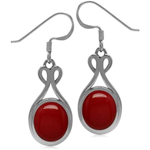 Silvershake 11X9mm Created Oval Shape Red Coral 925 Sterling Silver Casual Dangle Hook Earrings