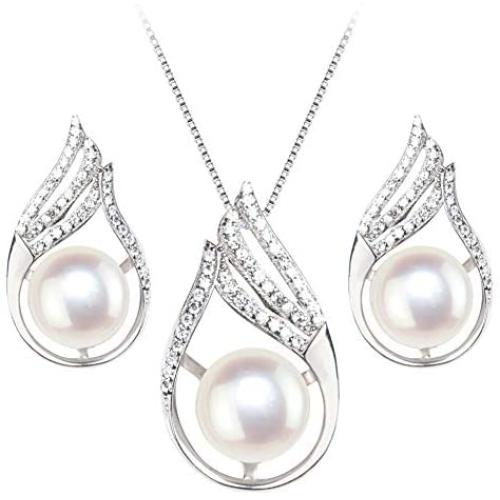POPUAVA 925 Sterling Silver AAA+ Natural Freshwater Cultured Pearl Necklace Elegance Bridal Jewelry Necklace Earrings Set for Women