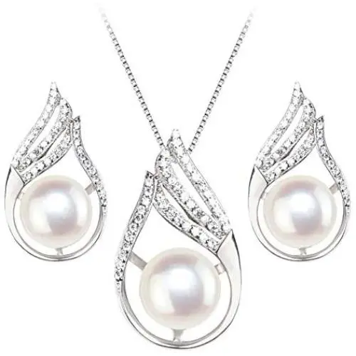 POPUAVA 925 Sterling Silver AAA+ Natural Freshwater Cultured Pearl Necklace Elegance Bridal Jewelry Necklace Earrings Set for Women POPUAVA 925 Sterling Silver AAA+ Natural Freshwater Cultured Pearl Necklace Elegance Bridal Jewelry Necklace Earrings Set for Women