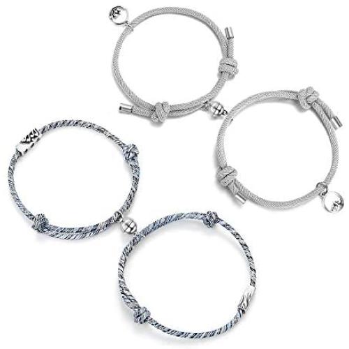 FUNRUN JEWELRY 2Pairs Couple Magnetic Bracelets Set Relationship Mutual Couple Bracelet Adjustable Handmade Vows of Eternal Braided Rope Couple Gift Jewelry Set for Women Men