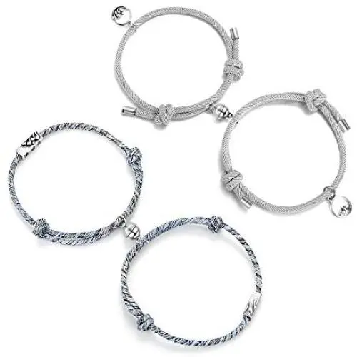 FUNRUN JEWELRY 2Pairs Couple Magnetic Bracelets Set Relationship Mutual Couple Bracelet Adjustable Handmade Vows of Eternal Braided Rope Couple Gift Jewelry Set for Women Men