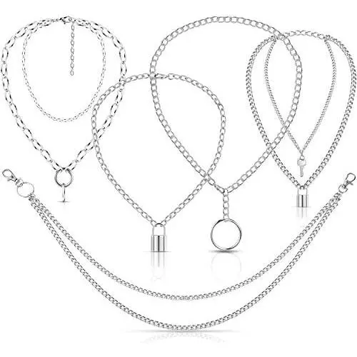 5 Pieces Punk Chain Choker Jeans Wallet Chain Lock Pendant Multilayer Necklace