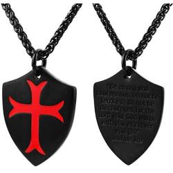 HZMAN Knights Templar Cross Joshua 1:9 Shield Stainless Steel Pendant Necklace with 22+2 inch Chain