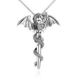 Sterling Silver Dragon Sward Necklace for Men Unisex Vintage Pendant Necklace