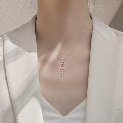 Cross Necklace Sterling Silver Rose Gold Plated Religious Cross Pendant Necklace with Rose Flower Jewelry Gifts (Cross Necklace with Rose)