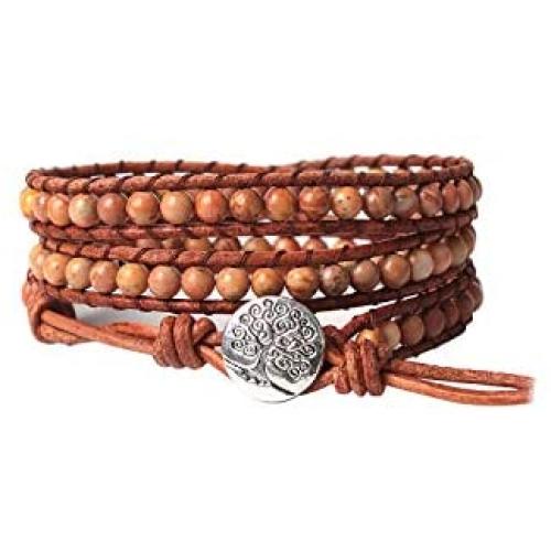 LAVI Handmade Natural Imperial Jasper 3 (Triple) Wrap Healing Leather Woven Beaded Boho Bracelet Adjustable Jewelry for Women Men Collection