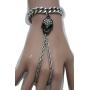 TFJ Women Fashion Jewelry Silver Metal Hand Chain Wrist Bracelet Slave Ring Black Skeleton Bling Skull