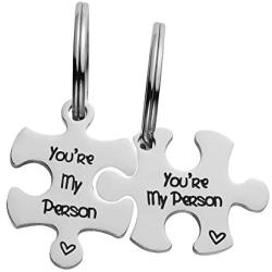 omodofo Valentines Day His and Hers Puzzle Piece Pendant Necklace KeyChain Set Personalized Couples Stamped Chain Keyring