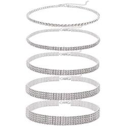 5 Pieces Rhinestone Choker Necklaces for Women Dainty Diamond Choker Silver Gold Plated Crystal Choker Necklaces Set Bridesmaid Jewelry