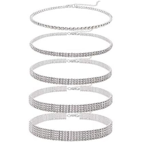 5 Pieces Rhinestone Choker Necklaces for Women Dainty Diamond Choker Silver Gold Plated Crystal Choker Necklaces Set Bridesmaid Jewelry