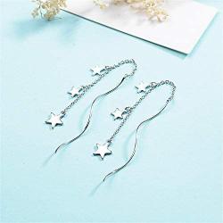 Tiny Star Wave Long Threader Chain Dangle Drop Hanging Earrings for Women Teen Girls Dainty Cute White Gold Plated Hypoallergenic Sensitive Ears Crawler Jewelry Gifts for Daughter Granddaughter