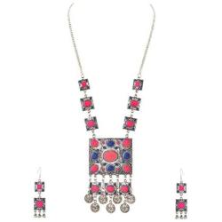 Zephyrr Fashion Oxidized Silver Afghani Style Pendant Necklace Earrings Set for Girls and Women