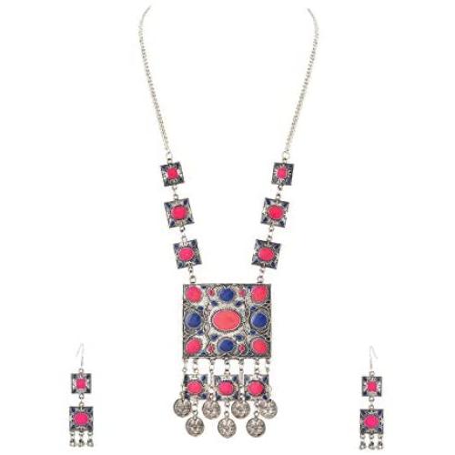 Zephyrr Fashion Oxidized Silver Afghani Style Pendant Necklace Earrings Set for Girls and Women