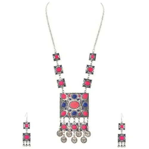 Zephyrr Fashion Oxidized Silver Afghani Style Pendant Necklace Earrings Set for Girls and Women