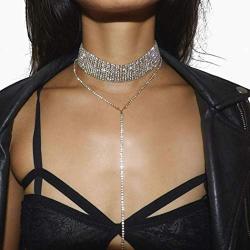 Aukmla Rhinestone Choker Lariat Diamond Necklace Body Chain Drop Diamante Choker Statement Jewelry Bridal Party Gift for Women and Girls
