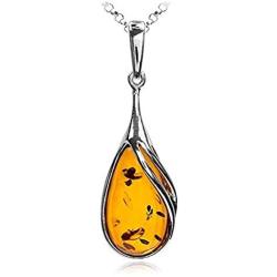 Certificate Genuine Amber Sterling Silver Drop Classic Pendant Necklace Chain 18''