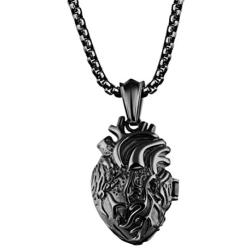 PAURO Mens Stainless Steel Anatomical Heart Pendant Necklace Black/Gold/Silver, Locket Style