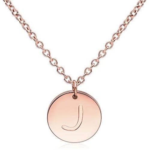 THREE KEYS JEWELRY Tiny Rose Gold Initial Necklace for Women Name Letter Charm Coin Round Small Cute Circle Script Pendant Mini Dainty Stainless Steel Initial Necklaces for Girls Women Daughter