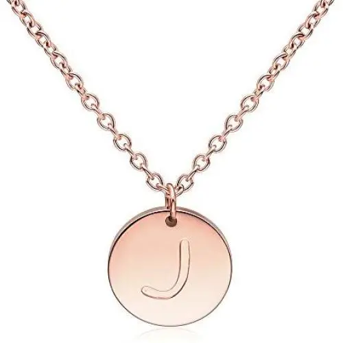 THREE KEYS JEWELRY Tiny Rose Gold Initial Necklace for Women Name Letter Charm Coin Round Small Cute Circle Script Pendant Mini Dainty Stainless Steel Initial Necklaces for Girls Women Daughter