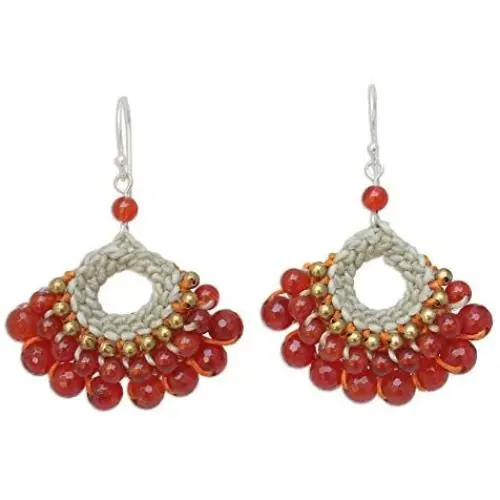 NOVICA Hand Crocheted Carnelian and Quartz Earrings with .925 Sterling Silver Hooks, Orange Lanna NOVICA Hand Crocheted Carnelian and Quartz Earrings with .925 Sterling Silver Hooks, Orange Lanna