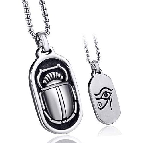 Elfasio Scarab Eye of Horus Egypt Necklace for Men Stainless Steel Both Sided Ancient Egyptian Symbol Protection Pendant Chain Set 18-30 inch