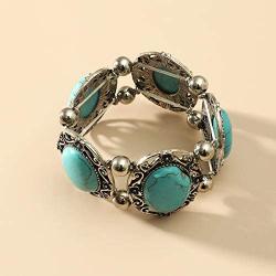 Sinkcangwu Bohemian Retro Pattern Ancient Oval Rhinestone Alloy Turquoise Bangles Statement Stretch Bracelet Fashion Jewelry for Women Girl Gift