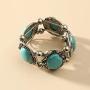 Sinkcangwu Bohemian Retro Pattern Ancient Oval Rhinestone Alloy Turquoise Bangles Statement Stretch Bracelet Fashion Jewelry for Women Girl Gift