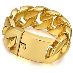 ROWIN&CO Jewelry Huge 32mm Mens Chunky Bracelet Heavy Sturdy 18K Yellow Gold PVD Plating Stainless Steel Cuban Chain with Box Clasp, 9.5 Inch/10.5 oz