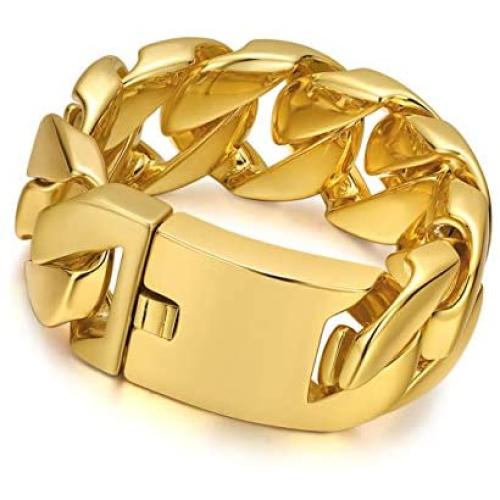 ROWIN&CO Jewelry Huge 32mm Mens Chunky Bracelet Heavy Sturdy 18K Yellow Gold PVD Plating Stainless Steel Cuban Chain with Box Clasp, 9.5 Inch/10.5 oz
