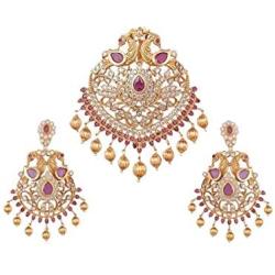 Tarinika Kriya Gold-Plated Cubic Zirconia Indian Pendant Necklace and Earring Jewelry Set - White Red