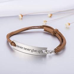 Skyrim Inspritional Leather Bracelet with Words Never Give up, Fashion Jewelry for Men and Women