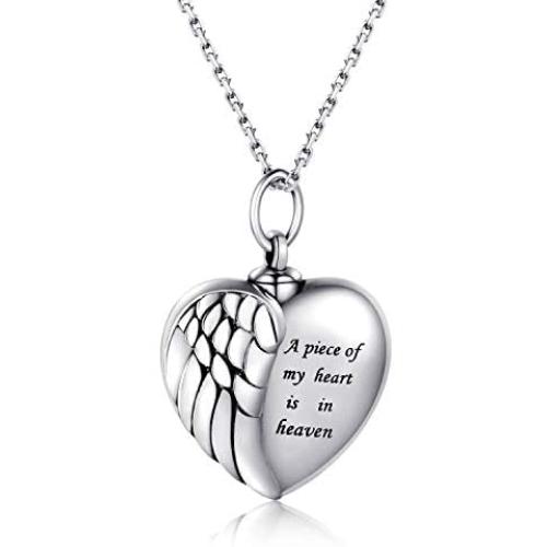 925 Silver Angel Wing Heart Urn Pendant Necklace For Ashes - A piece of my heart is in heaven Memorial Keepsake Cremation Jewelry