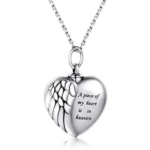 925 Silver Angel Wing Heart Urn Pendant Necklace For Ashes - A piece of my heart is in heaven Memorial Keepsake Cremation Jewelry 925 Silver Angel Wing Heart Urn Pendant Necklace For Ashes - A piece of my heart is in heaven Memorial Keepsake Cremation Jewelry