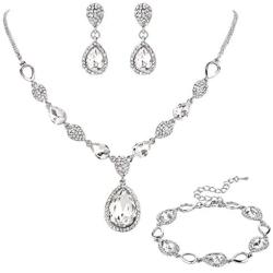 BriLove Womens Wedding Bridal Crystal Teardrop Y-Necklace Tennis Bracelet Dangle Earrings Set