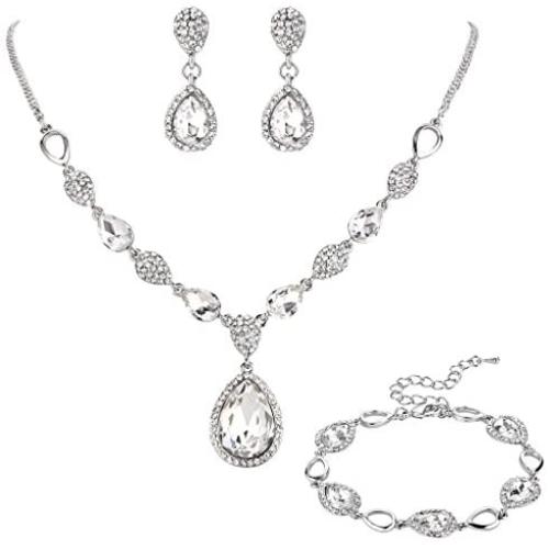 BriLove Womens Wedding Bridal Crystal Teardrop Y-Necklace Tennis Bracelet Dangle Earrings Set