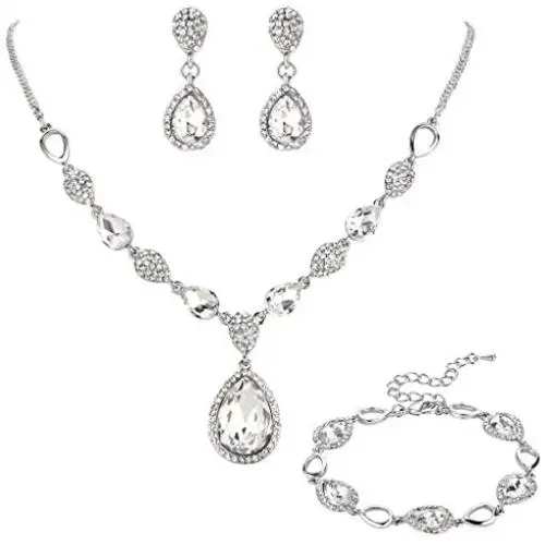 BriLove Womens Wedding Bridal Crystal Teardrop Y-Necklace Tennis Bracelet Dangle Earrings Set