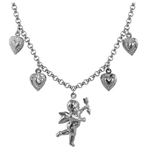 Tiande Angel Cupid Chain Necklace Steel Stainless Angel Baby Wing Love Heart Bell Clavicle Choker Necklace for Women Girls Men Boys