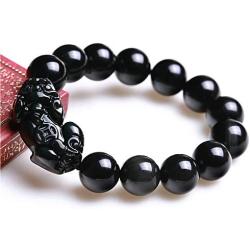 AMTOOCH Feng Shui Bracelet Black Obsidian 14mm Rainbow Eye Stone Bead Hand Carved pixiu/Pi Yao Attract Good Luck and Wealth Money for Mens and Womens